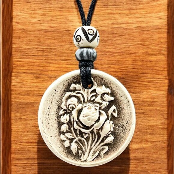 Artisan Jewelry - Vintage Rose Flower Ceramic Pendant Handmade